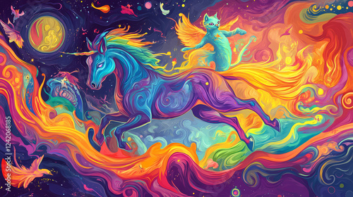 Mystical horse and cat spirits soaring through cosmic realm - horizontal colorful banner. Animal Kingdom Inspirations. Illustration photo