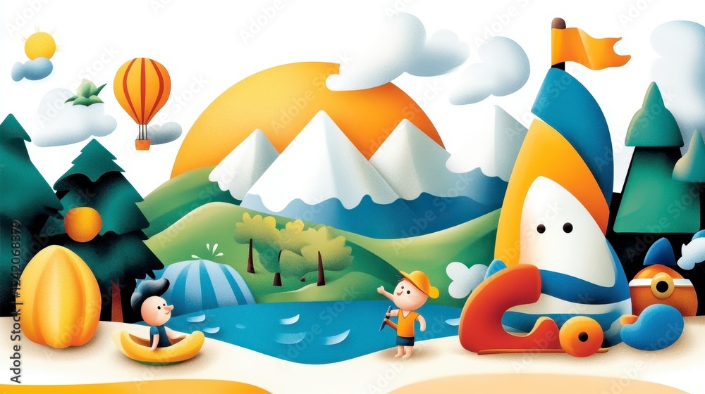 Fototapeta premium Colorful Illustrative Landscape with Children and Nature Elements