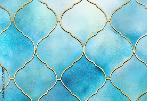 Elegant geometric pattern design with gold and blue Moroccan tiles for interior decoration and digital wallpaper art in soothing tones perfect for backgrounds and creative projects