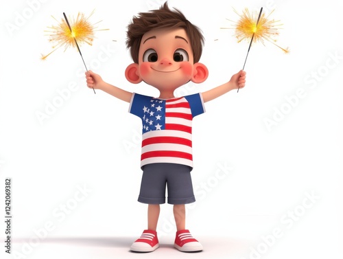 Cheerful Child Celebrating with Sparklers and American Flag Shirt