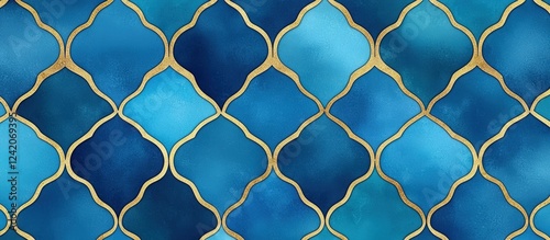 Elegant Moroccan-inspired geometric pattern with gold outlines and shades of blue for interior design, wallpaper, and textiles. Rich in ornamental detail, evokes a sense of luxury and style.