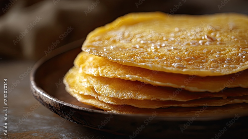 Stack of golden crepes with sugar on wooden plate for dessert Stack of golden crepes with sugar on wooden plate for dessert