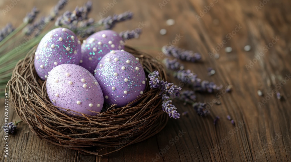 Obraz premium Decorative Lavender Eggs in Nest on Rustic Wooden Surface