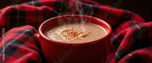 Warm red mug filled with steaming beverage topped with spice, cozy vibe reflecting comfort of winter evenings, wrapped in classic red flannel plaid fabric