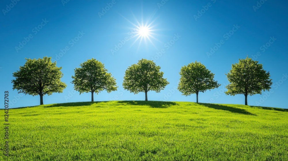 Fototapeta premium Lush Green Hill with Trees Under a Clear Blue Sky and Sunlight