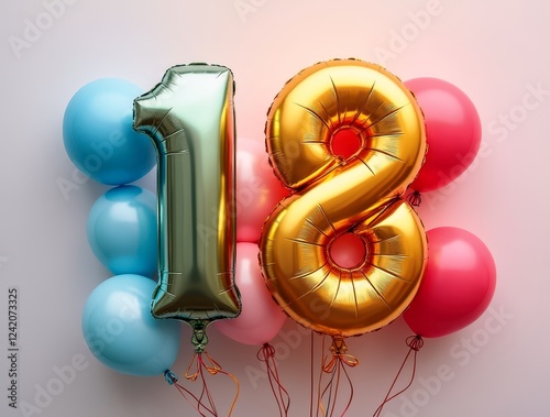 Colorful balloons forming the number eighteen for an eighteenth birthday