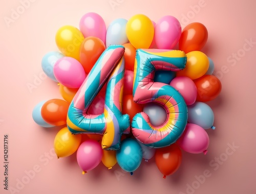 Colorful balloons forming the number 45 for a birthday celebration photo