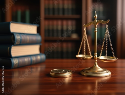 Golden Scale of Justice Balancing on Wooden Desk in Law Office