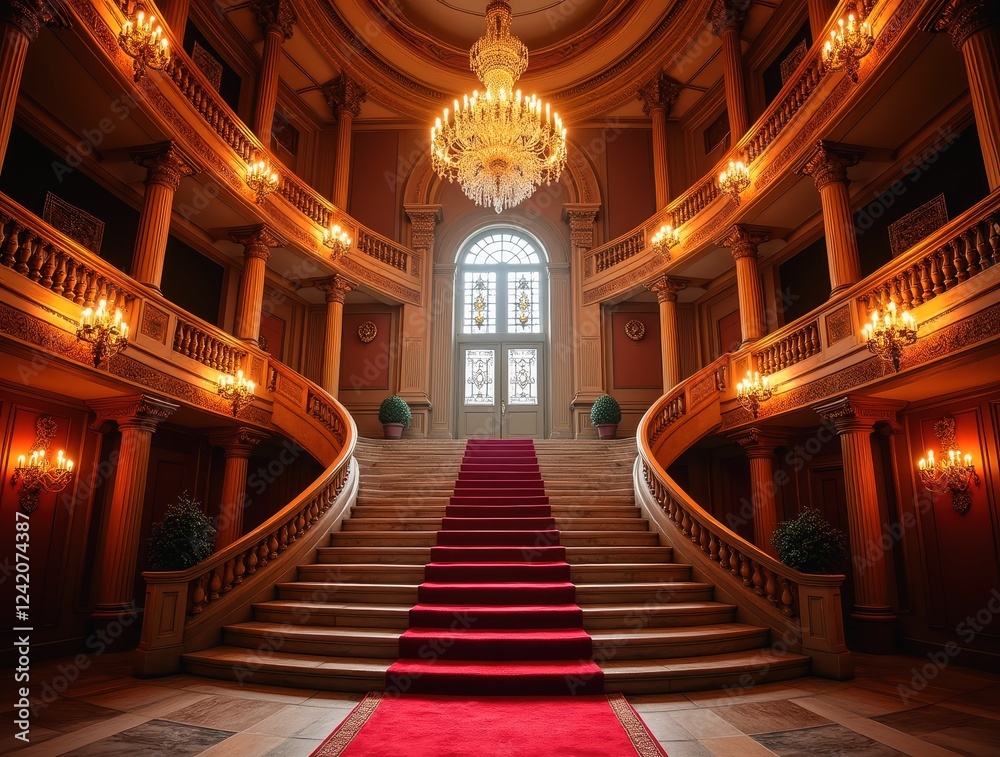 Obraz premium Lavish opera house entrance with red carpet, golden chandeliers and sweeping marble staircase