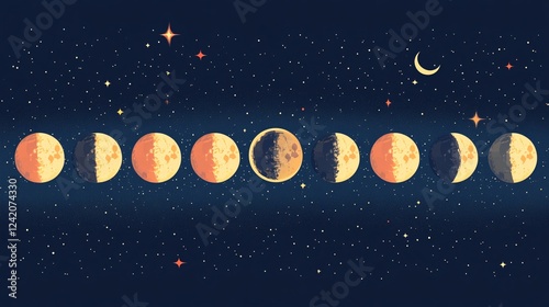 Stunning depiction of the various stages of the moon's cycle set against a twinkling night sky