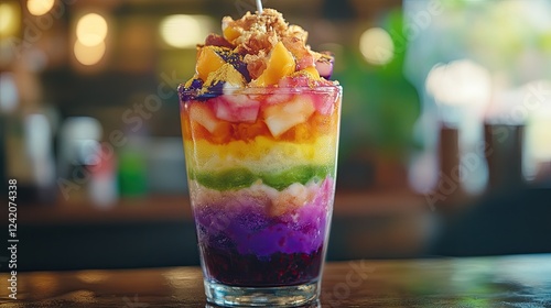 Delicious halo-halo dessert, vibrant Filipino treat layered with fruits and toppings photo