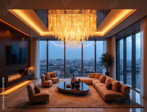 Luxurious penthouse living room glowing with elegant chandelier and city view photo