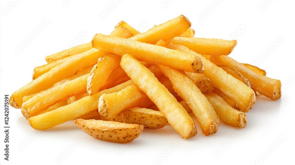 Freshly Cooked Crispy French Fried Potatoes on White Background Freshly Cooked Crispy French Fried Potatoes on White Background