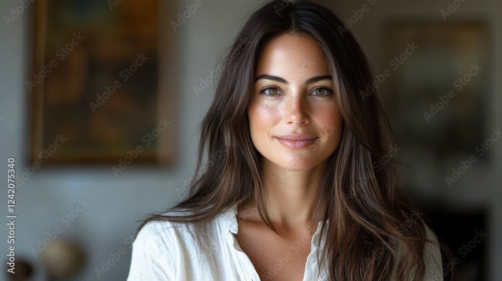 Fototapeta premium Natural Portrait of Smiling Young Woman with Long Brown Hair