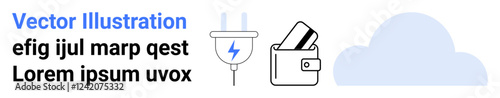 Wallet with credit cards, cloud symbol, and plug with lightning bolt. Ideal for online payments, financial security, digital wallets, cloud services, data storage, financial technology security