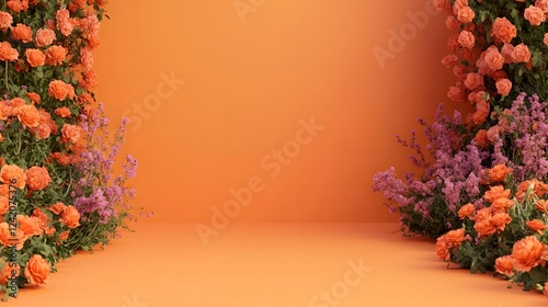 Orange and Purple Flower Arrangement Against Orange Background