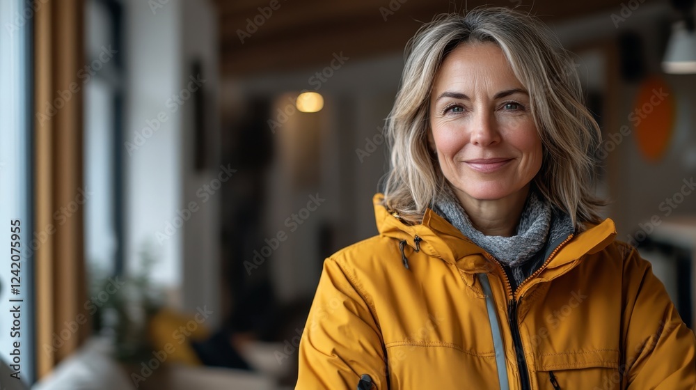 Portrait of a Woman in Yellow Jacket Smiling in Indoor Setting Portrait of a Woman in Yellow Jacket Smiling in Indoor Setting