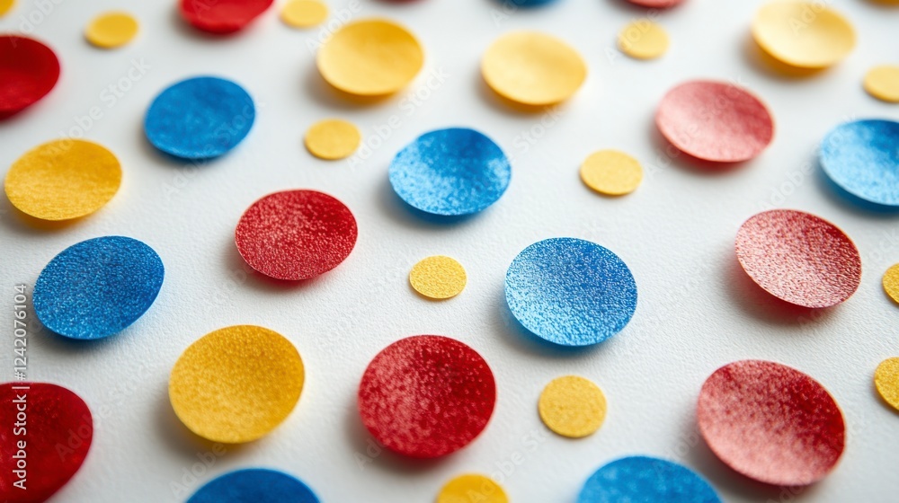 Colorful Confetti Circles of Red, Blue, and Yellow on White Background Colorful Confetti Circles of Red, Blue, and Yellow on White Background