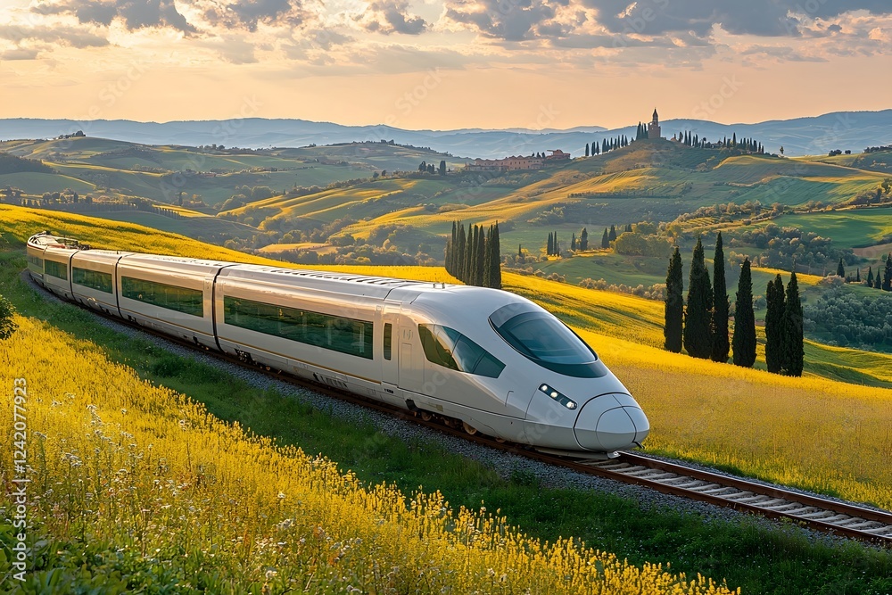 Fototapeta premium Hydrogen Powered Train Gliding Through Scenic Countryside Landscape