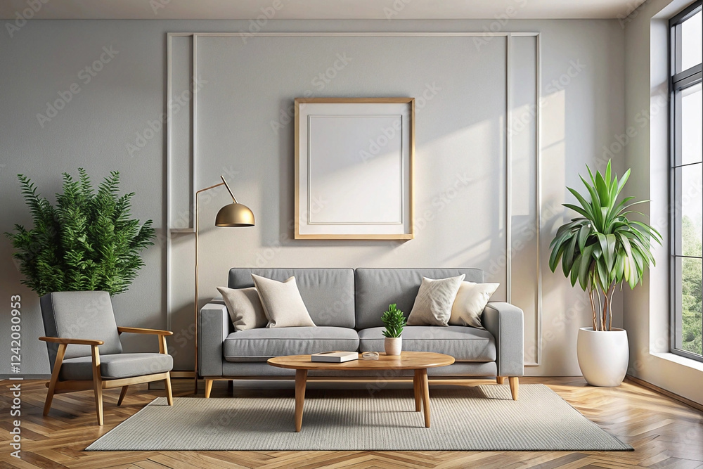 Fototapeta premium Modern gray sofa, sunlit living room, hardwood floor, mockup poster, interior design