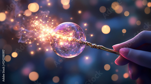 Enchanting moments a fairy godmother's wish granting in a sparkle-filled magical realm captured in a mesmerizing close-up of a wand evoking whimsy and wonder. Animal Kingdom Inspirations. Illustration