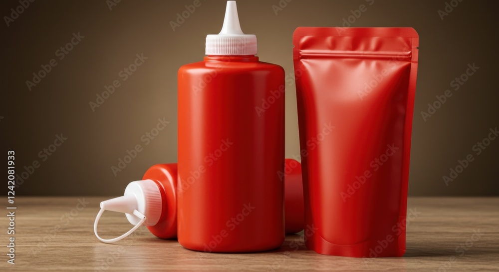 Obraz premium Red condiment bottles and pouch on wooden table with brown background