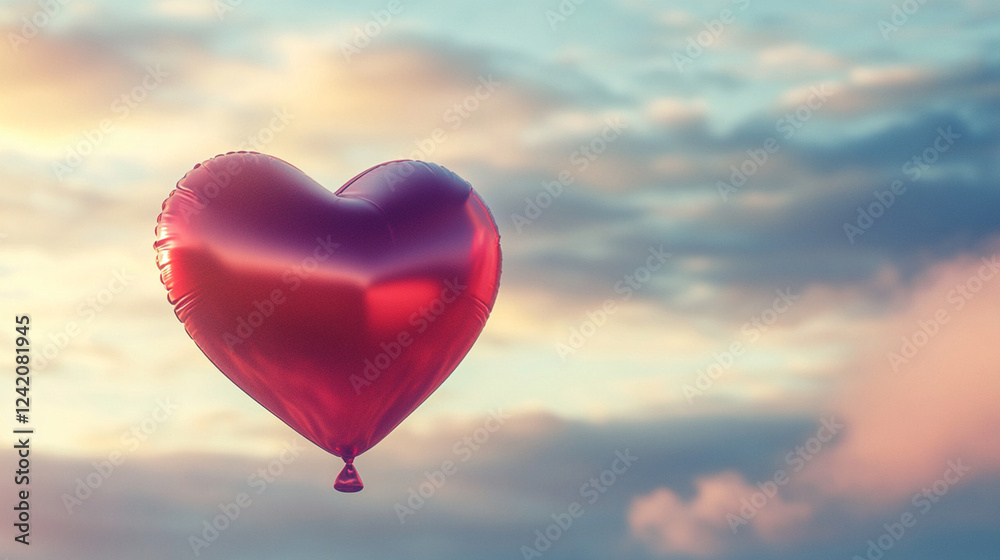 Fototapeta premium Glossy red heart balloon floating against a dreamy blue sky with soft white clouds, creating a romantic and whimsical atmosphere