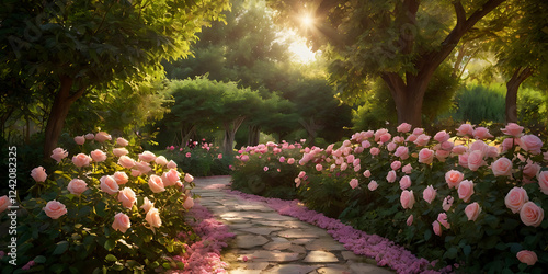 Rose Garden Path, Magic Garden, Sunset garden path romantic, Maternity backdrop, wedding backdrop, photography background