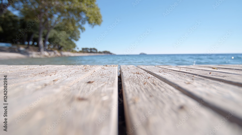 Wooden dock, calm sea, trees, sunny day, travel Wooden dock, calm sea, trees, sunny day, travel