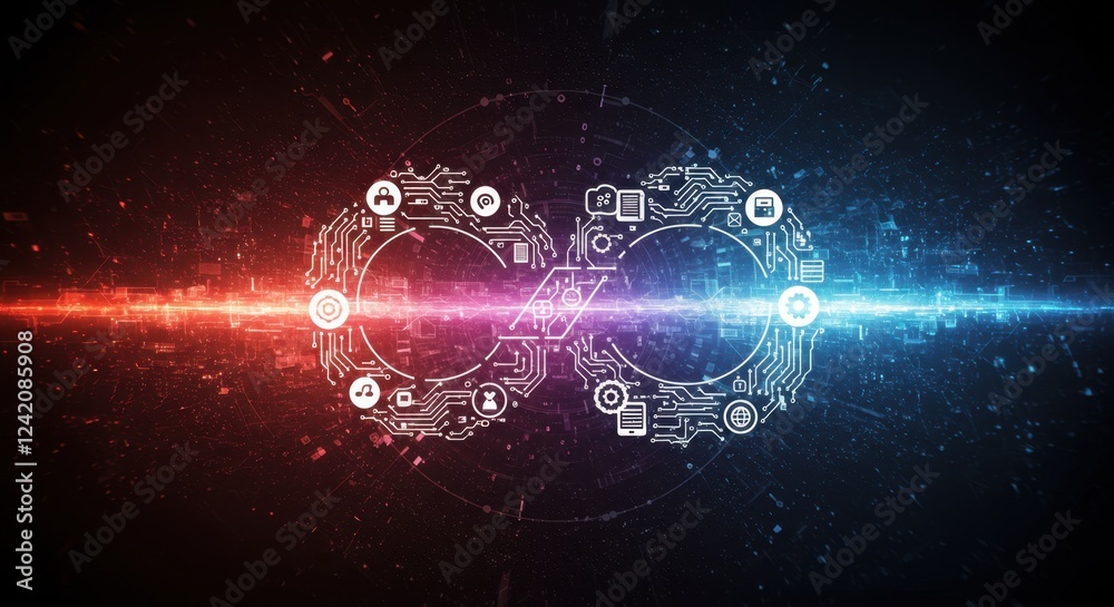 Obraz premium Futuristic devops concept with digital circuitry and technology infinity loop