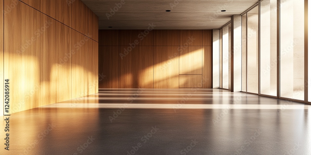 Fototapeta premium Modern 3D Rendered Minimalist Interior with Concrete Floors and Oak Walls, Sunlit Open Space Blending Office and Living Elements