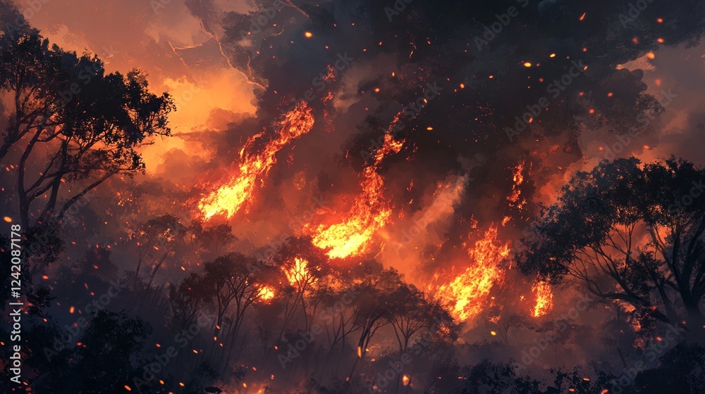 Dramatic Forest Fire with Towering Flames and Thick Smoke Against a Twilight Sky