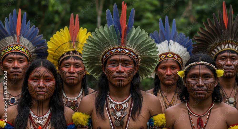 custom made wallpaper toronto digitalIndigenous people in traditional feathered headdresses in lush forest setting
