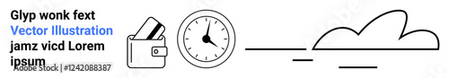 Wallet containing cards, analog clock indicating time, and minimalist cloud design with placeholder text. Ideal for business, finance, time management, office culture, scheduling, working hours