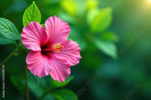 Lush vibrant green leaves, pink hibiscus bloom , outdoor, background