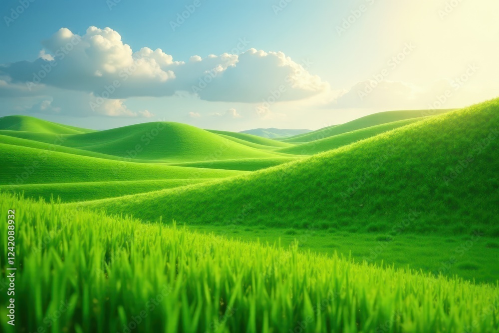 Fototapeta premium Rolling hills of emerald grass, soft sunlight, flora, spring