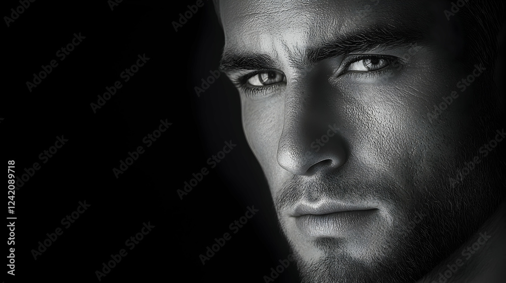 Intense man portrait, dark background, serious expression, fashion use