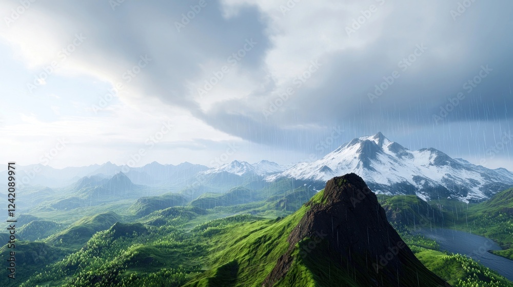Fototapeta premium Rain Over Lush Green Mountains and Snowy Peaks