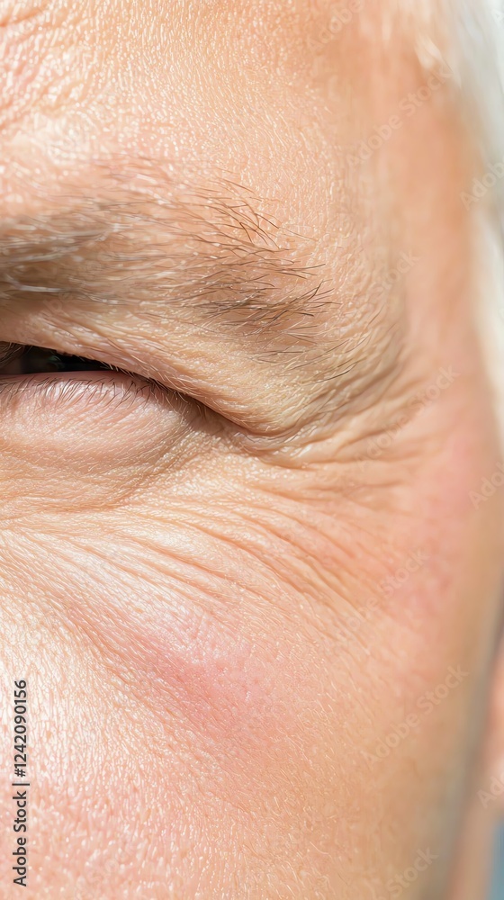 Obraz premium Facial skin texture concept. Extreme close-up of mature skin texture, emphasizing the depth of wrinkles and natural imperfections, soft shadows, sharp detail