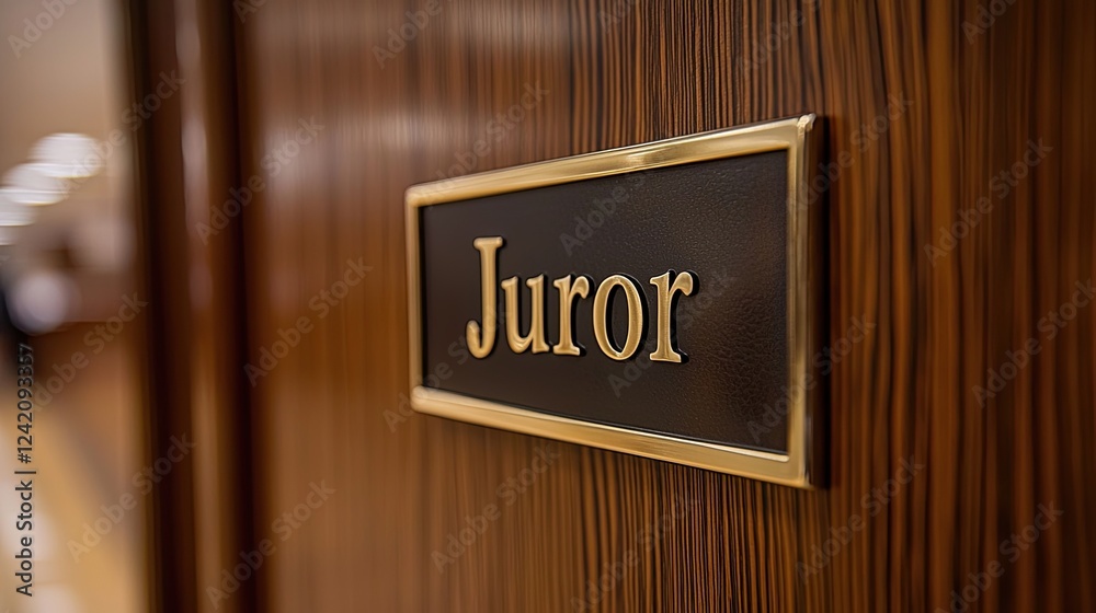 Close-up of a juror sign on a wooden courtroom door in a courthouse setting Close-up of a juror sign on a wooden courtroom door in a courthouse setting