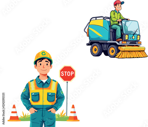 Street cleaning crew maintaining road safety and hygiene with stop sign and sweeper truck