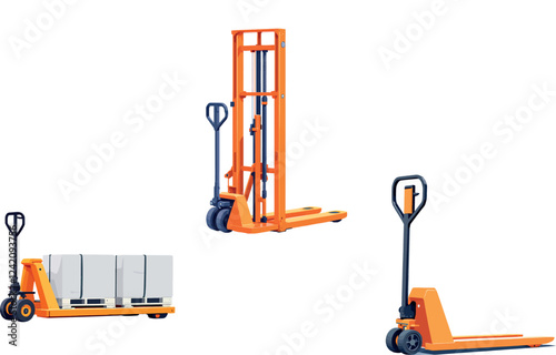 Manual hydraulic pallet jack lifting and carrying goods in warehouse