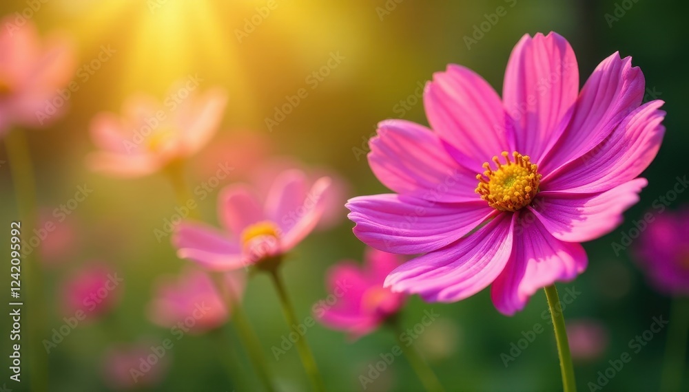Cosmos flowers in full bloom, sunlight illuminating petals , texture, light Cosmos flowers in full bloom, sunlight illuminating petals , texture, light