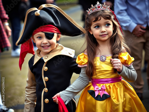 Children wearing pirate and princess costumes holding hands