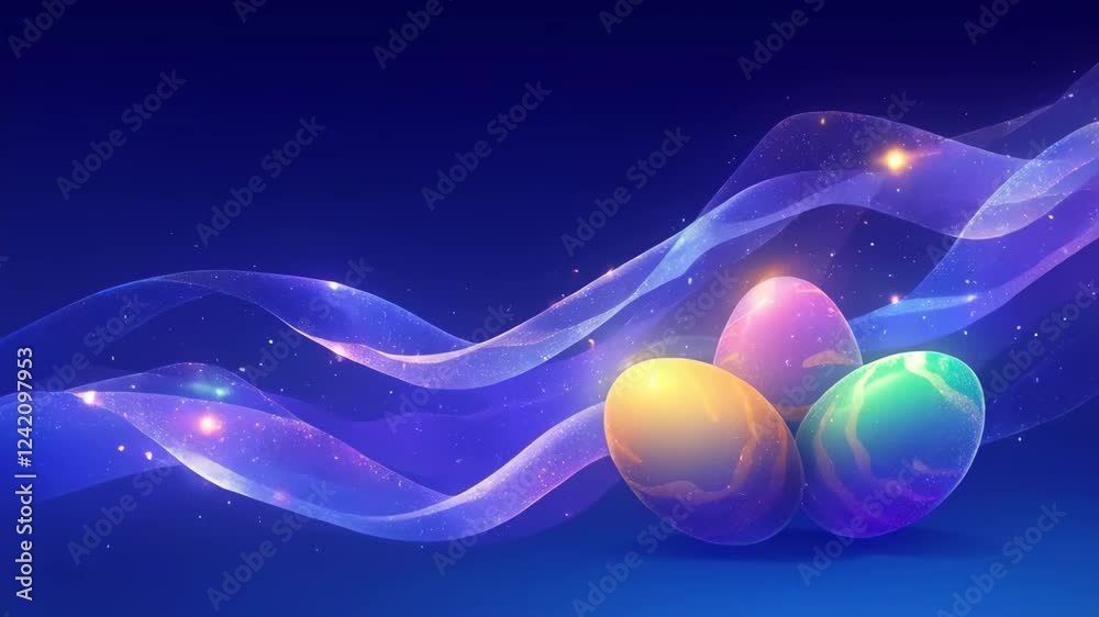 Magical glowing Easter eggs floating on cosmic blue waves with sparkling stars. Abstract holiday animation for Easter celebration, Spring equinox, Paschal blessing, religious festival