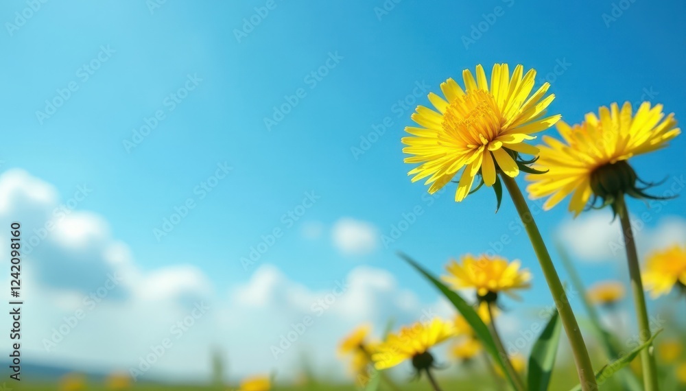 Fototapeta premium Golden dandelions against a cloudless azure sky , blossom, bright