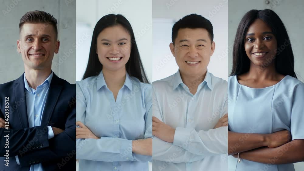 A group of four professionals stands together in a bright office, smiling and showcasing confidence in their casual business attire. A group of four professionals stands together in a bright office, smiling and showcasing confidence in their casual business attire.