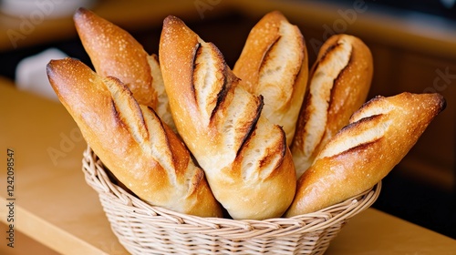 Freshly Baked Bread Sticks in a Basket on Wooden Countertop photo