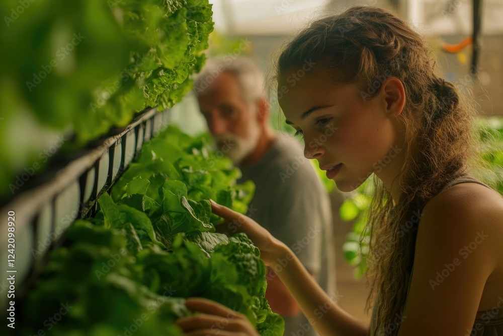 Obraz premium Young woman inspecting hydroponically grown lettuce in a greenhouse with an older man.