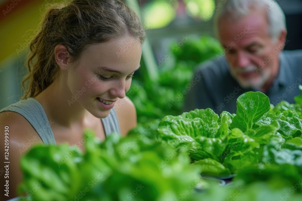 Obraz premium Young woman inspecting lush green lettuce plants in a hydroponic garden, an older man observes in the background.